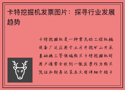 卡特挖掘机发票图片：探寻行业发展趋势