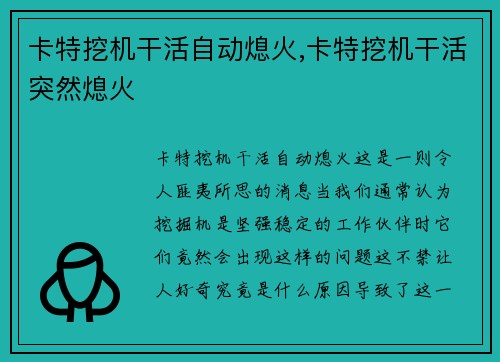 卡特挖机干活自动熄火,卡特挖机干活突然熄火